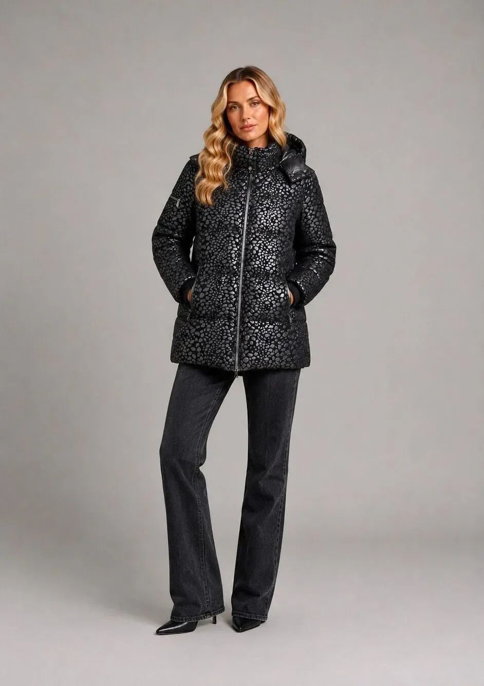 Diane von Furstenberg Metallic Animal Print Down Feather Puffer Jacket Coat Size